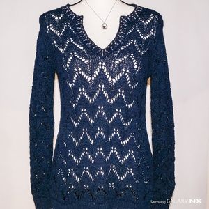 WHBM Navy Thin Knit Sweater Tunic Embellished Neck